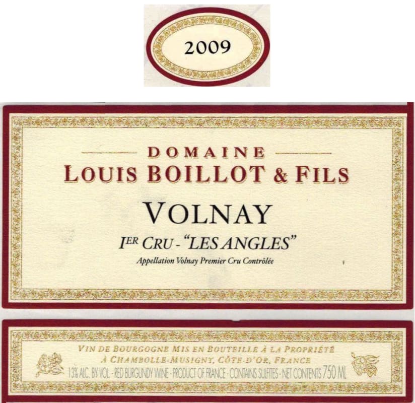 Domaine Louis Boillot Volnay Les Angles Premier Cru 2009 Front Label