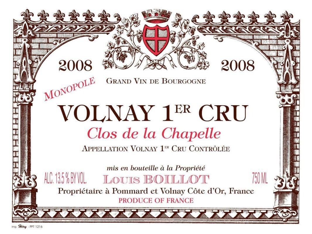 Domaine Louis Boillot Volnay Clos de la Chapelle Premier Cru Monopole 2008 Front Label