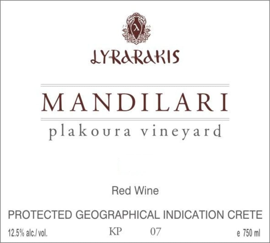 Lyrarakis Plakoura Vineyard Oak Aged Mandilari 2013 Front Label