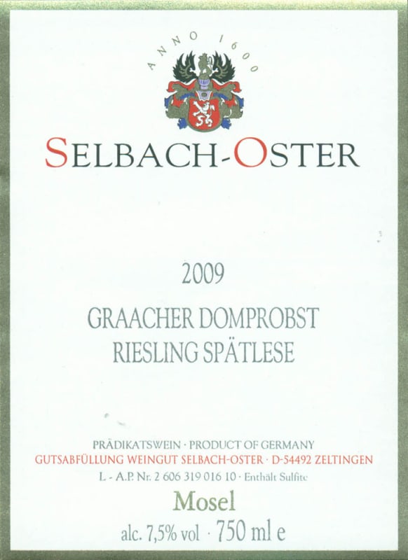 Selbach Oster Graacher Domprobst Riesling Spatlese 2009 Front Label