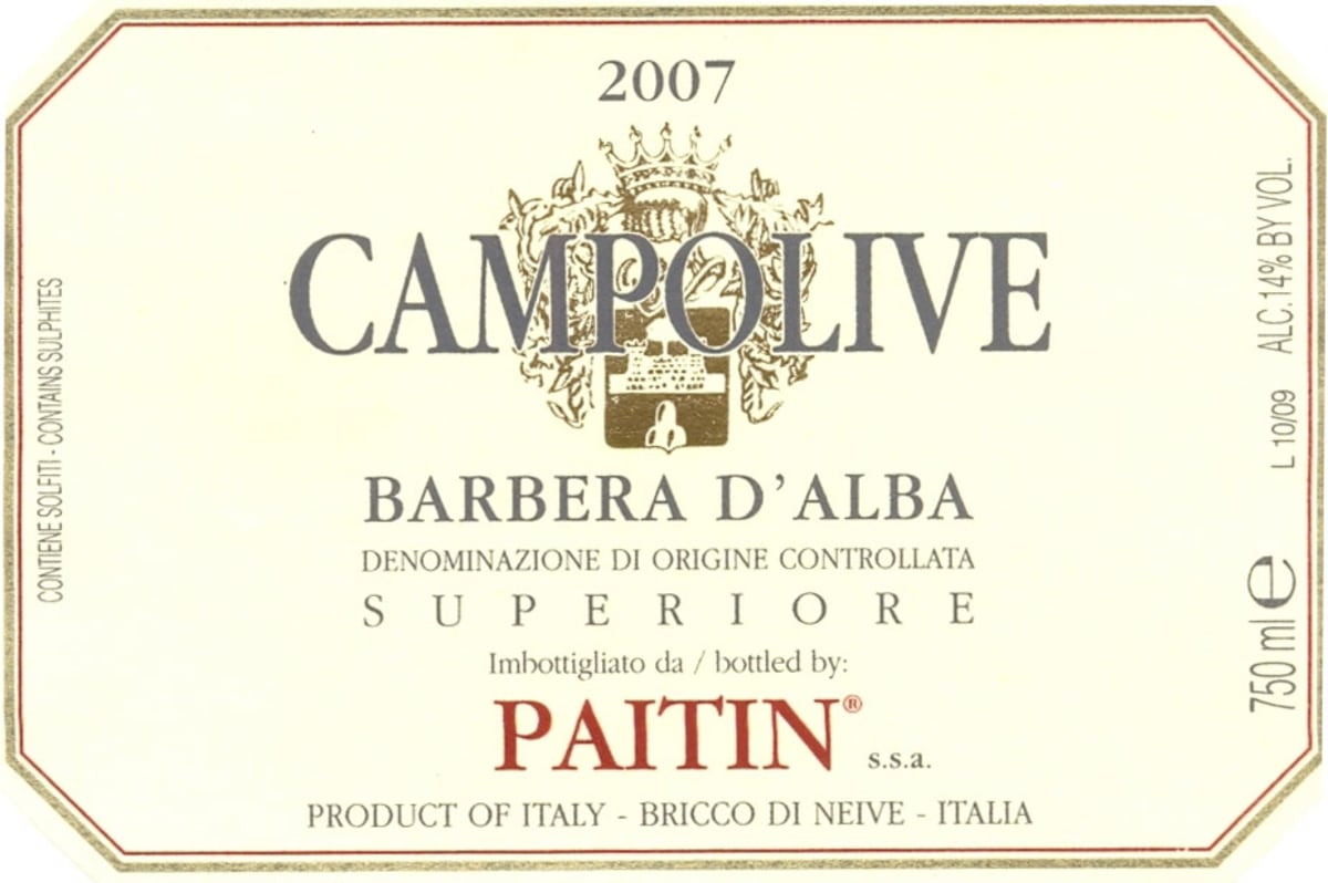 Paitin Barbera d'Alba Campolive 2007 Front Label