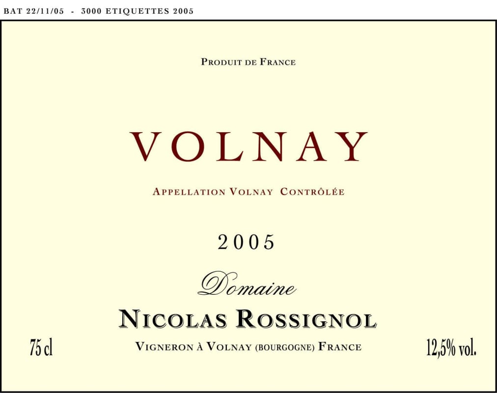 Domaine Nicolas Rossignol Volnay 2005 Front Label