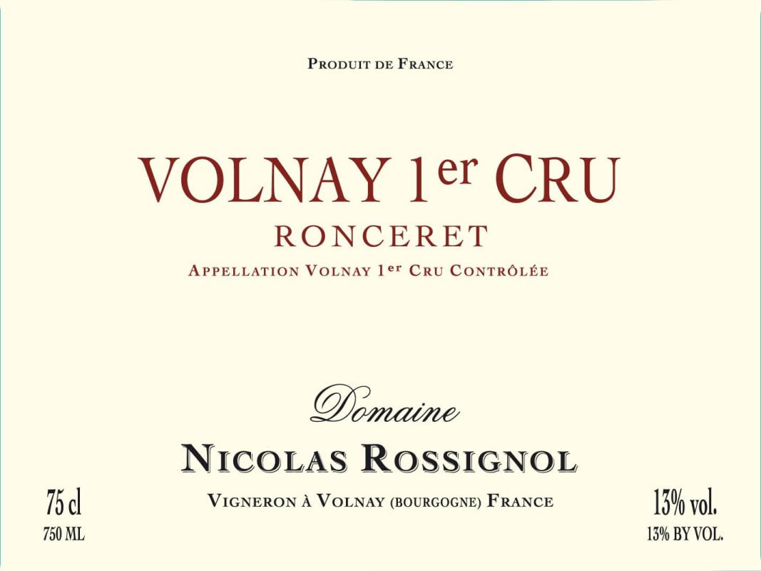 Domaine Nicolas Rossignol Volnay Ronceret Premier Cru 2008 Front Label
