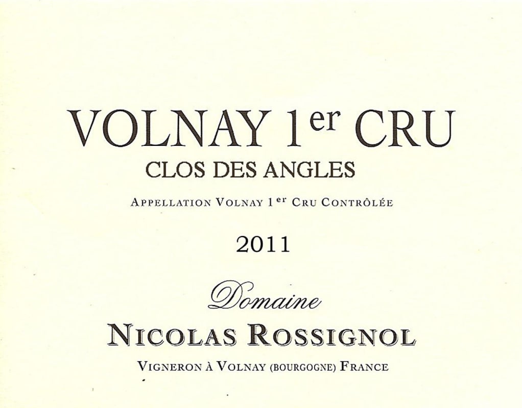 Domaine Nicolas Rossignol Volnay Clos des Angles Premier Cru 2011 Front Label