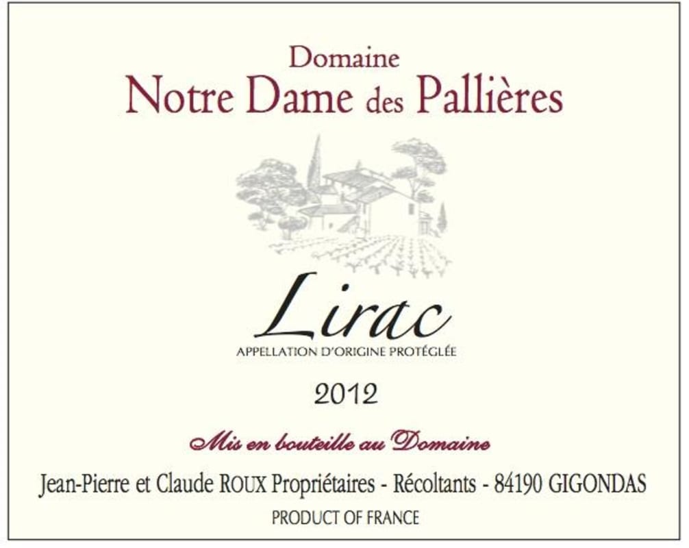Notre Dame des Pallieres Lirac 2012 Front Label
