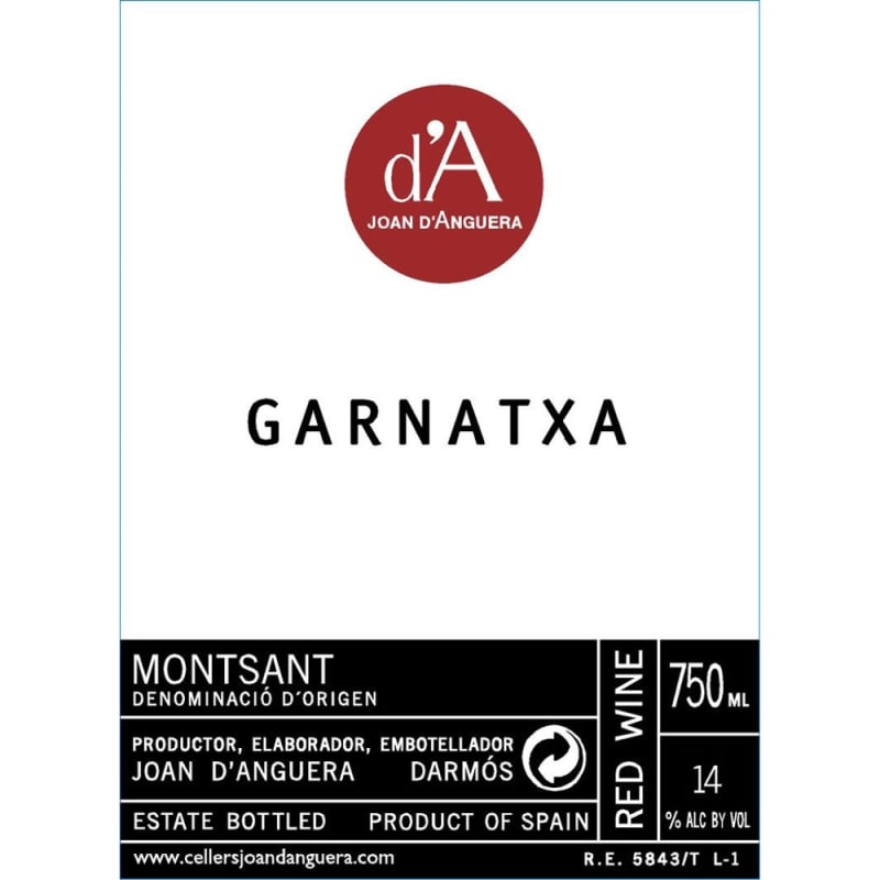 Joan d'Anguera Montsant Garnatxa 2010 Front Label