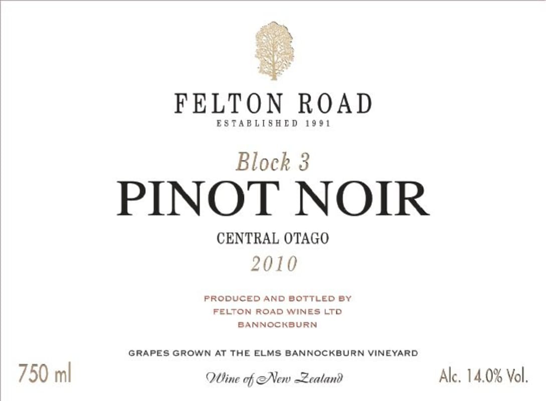 Felton Road Block 3 Pinot Noir 2010 Front Label