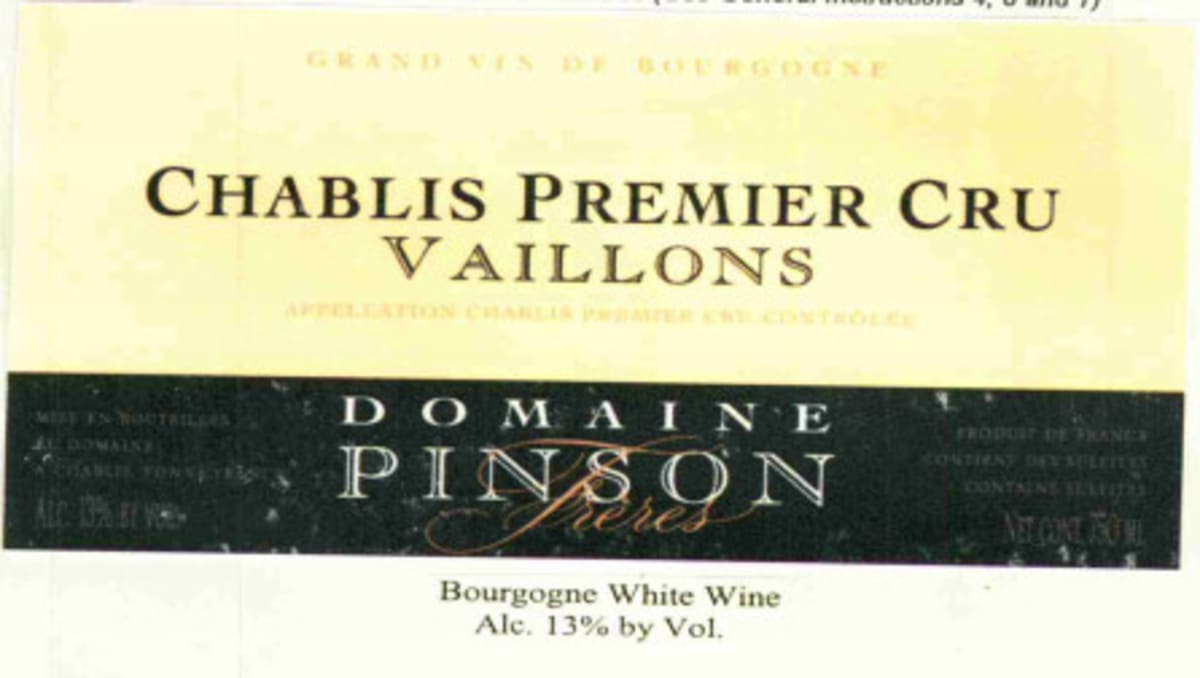 Domaine Pinson Freres Chablis Vaillons Premier Cru 2012 Front Label