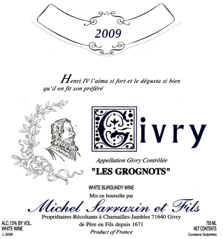 Domaine Sarrazin Givry Les Grognots Blanc 2009 Front Label