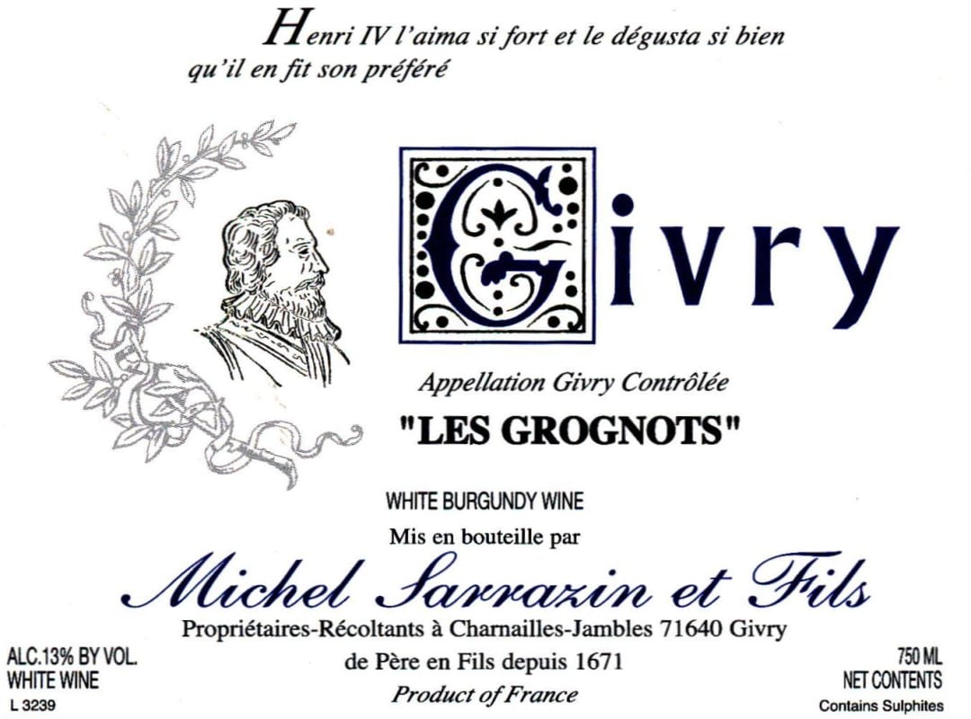 Domaine Sarrazin Givry Les Grognots Blanc 2012 Front Label