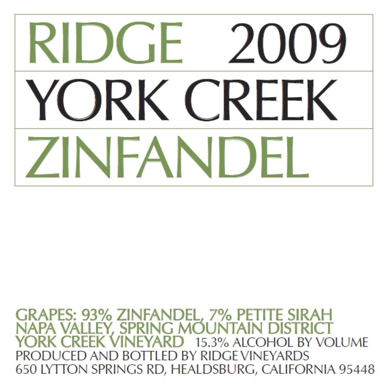 Ridge York Creek Zinfandel 2009 Front Label