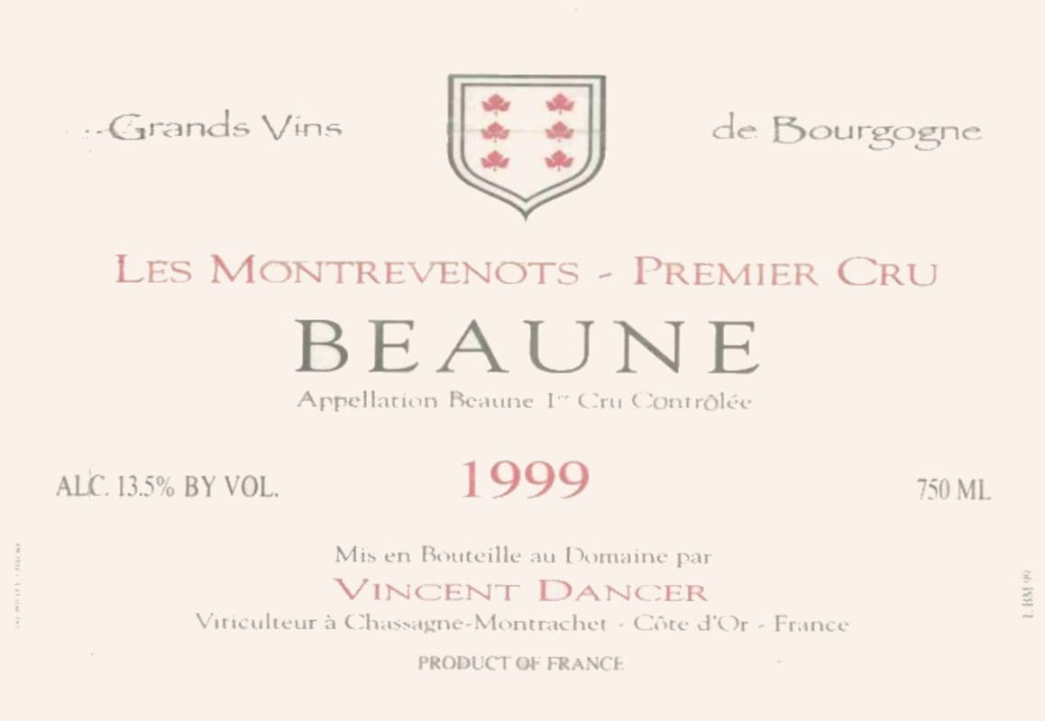 Vincent Dancer Beaune Les Montrevenots Premier Cru 1999 Front Label