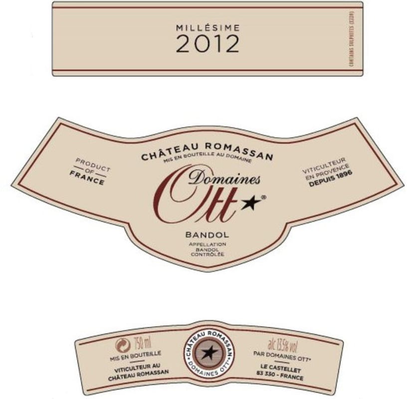 Domaines Ott Chateau Romassan Bandol Rouge 2012 Front Label
