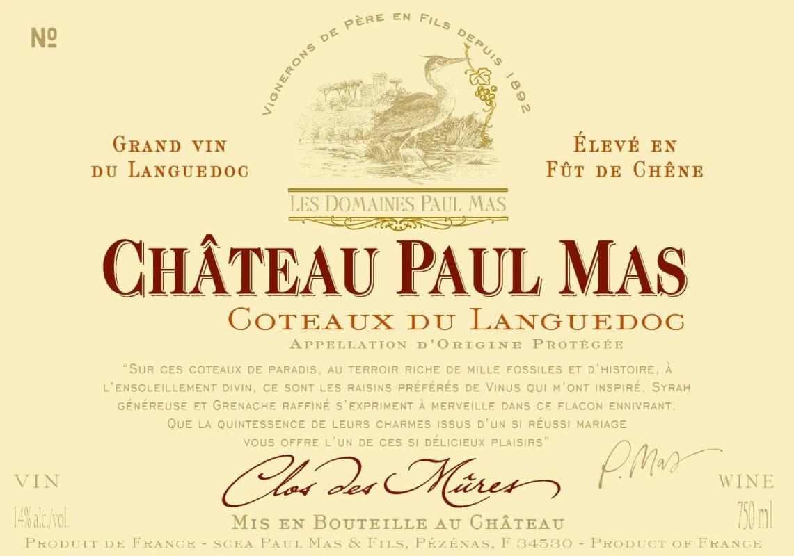 Paul Mas Reserve Clos des Mures 2012 Front Label