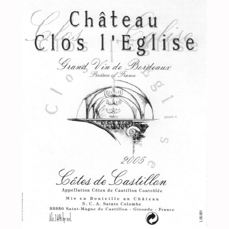 Chateau Clos L'Eglise Cotes de Castillon (1.5 Liter Magnum) 2005 Front Label