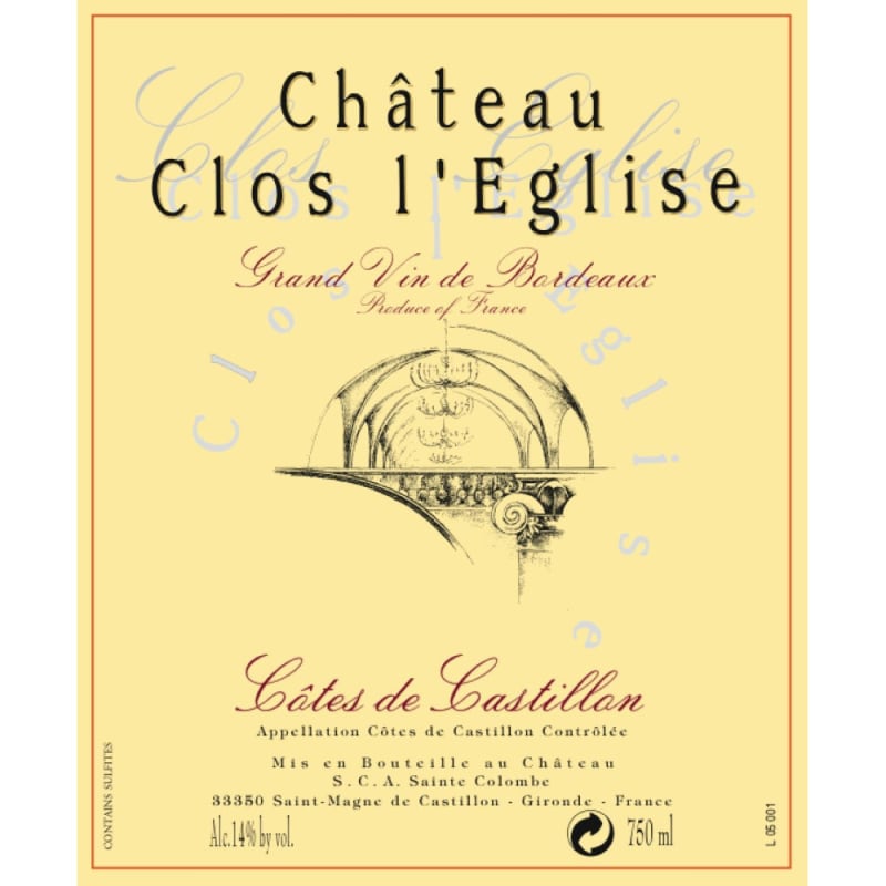 Chateau Clos L'Eglise Cotes de Castillon 2009 Front Label