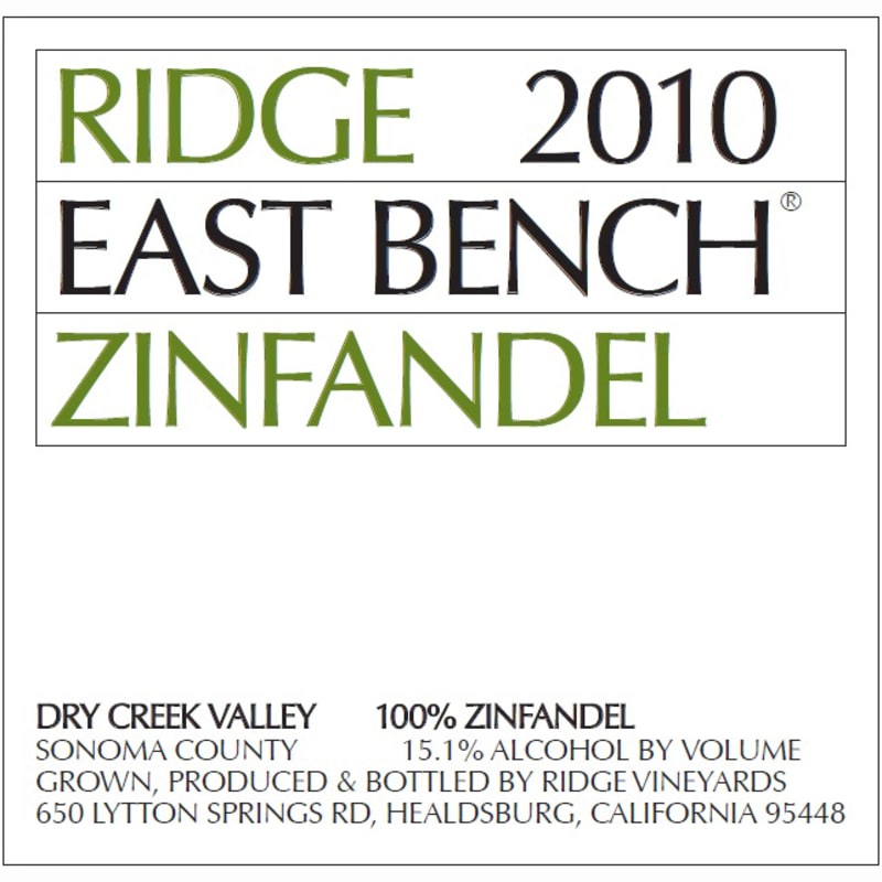 Ridge East Bench Zinfandel 2010 Front Label