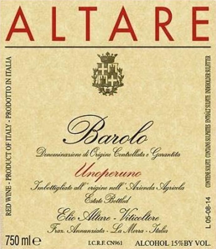 Elio Altare Barolo Unoperuno 2012 Front Label