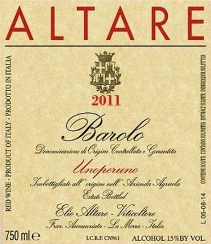 Elio Altare Barolo Unoperuno 2011 Front Label