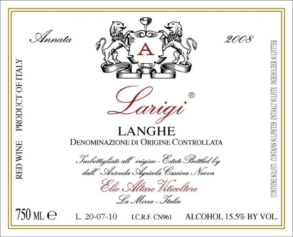 Elio Altare Langhe Larigi Rosso 2008 Front Label