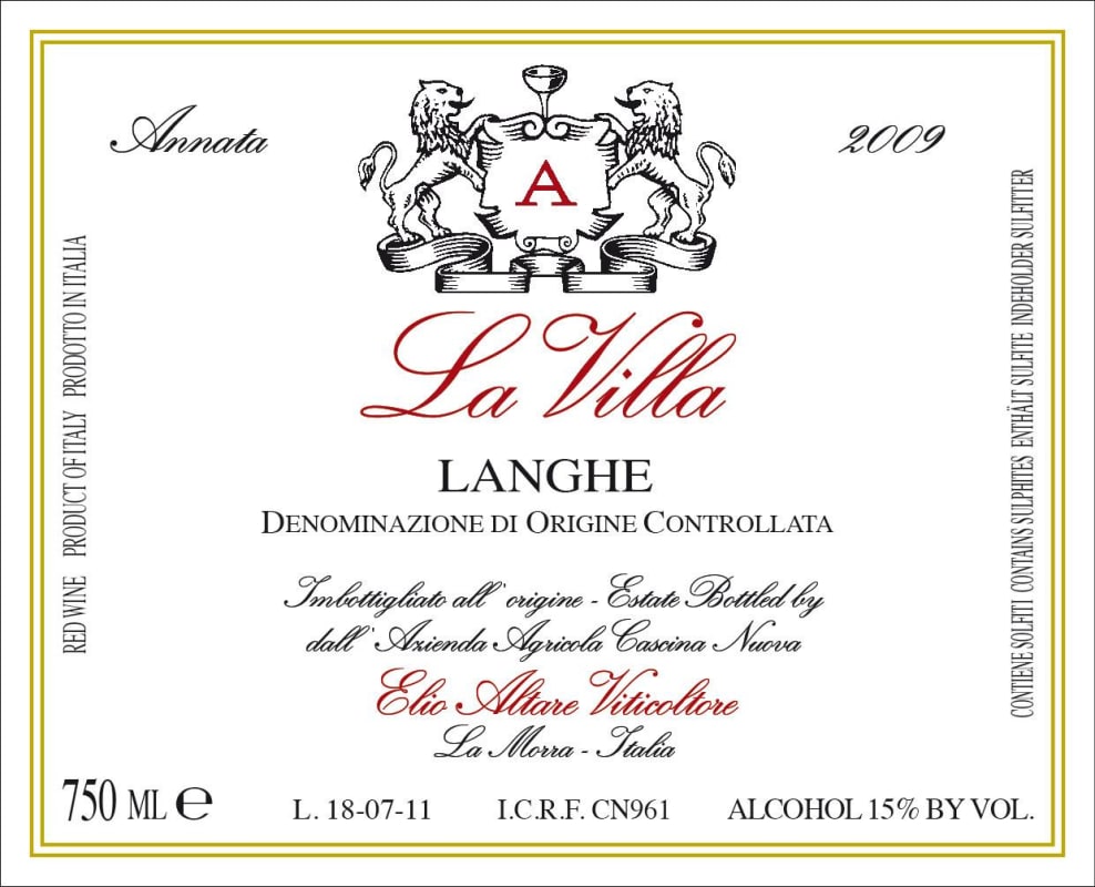 Elio Altare La Villa Langhe Rosso 2009 Front Label