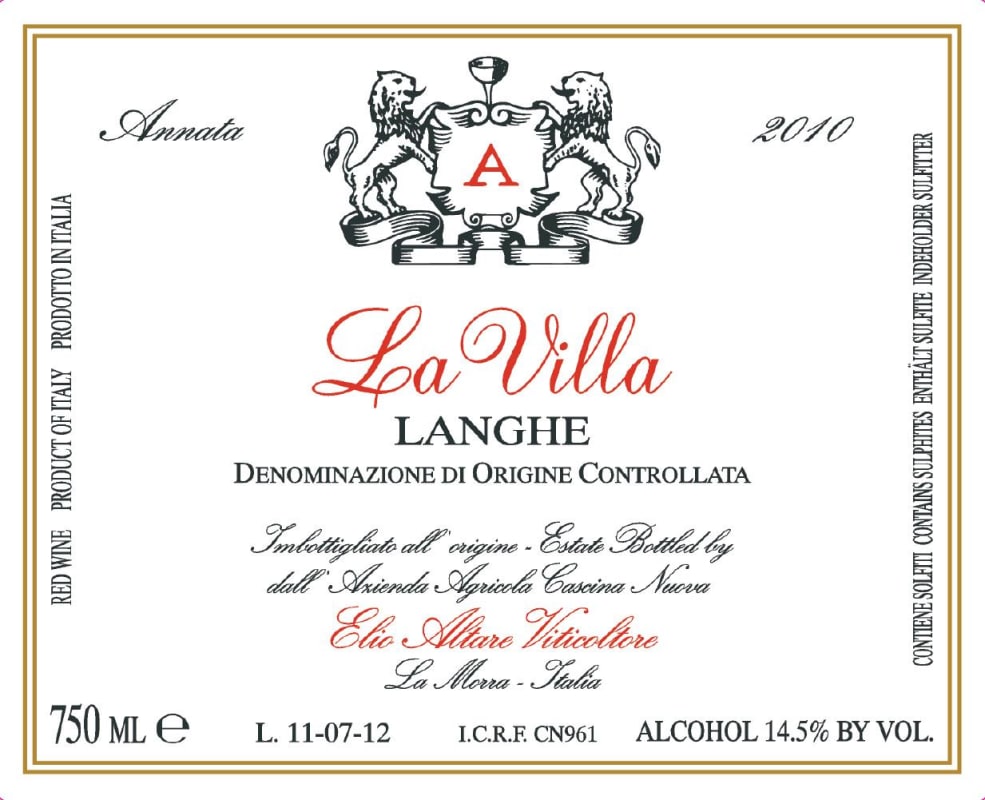 Elio Altare La Villa Langhe Rosso 2010 Front Label