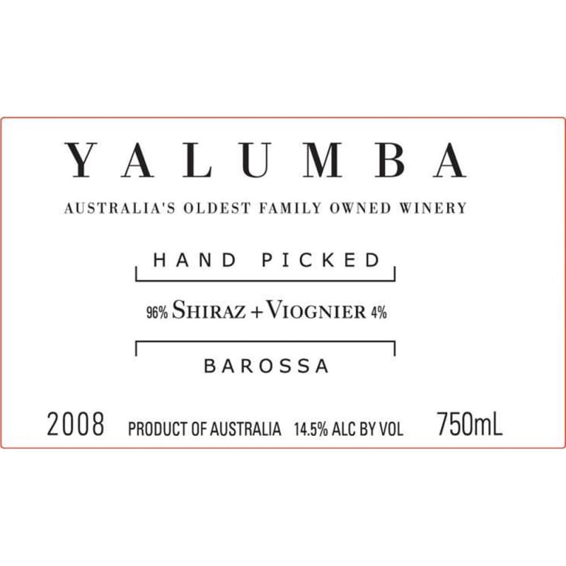 Yalumba Hand Picked Barossa Shiraz-Viognier 2008 Front Label