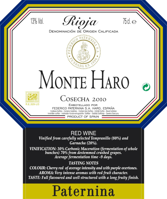 Paternina Monte Haro Joven 2010 Front Label