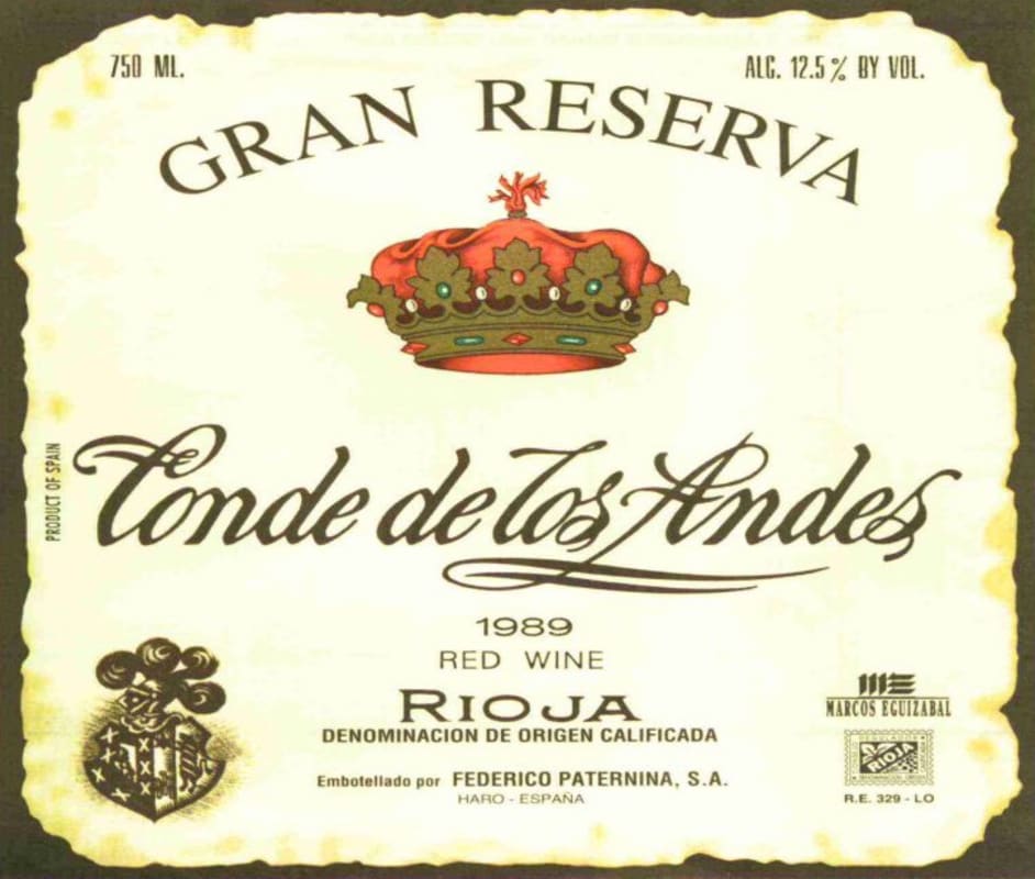 Paternina Conde de los Andes Gran Reserva 1989 Front Label