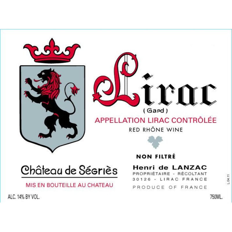 Chateau de Segries Lirac Cuvee Reservee 2010 Front Label