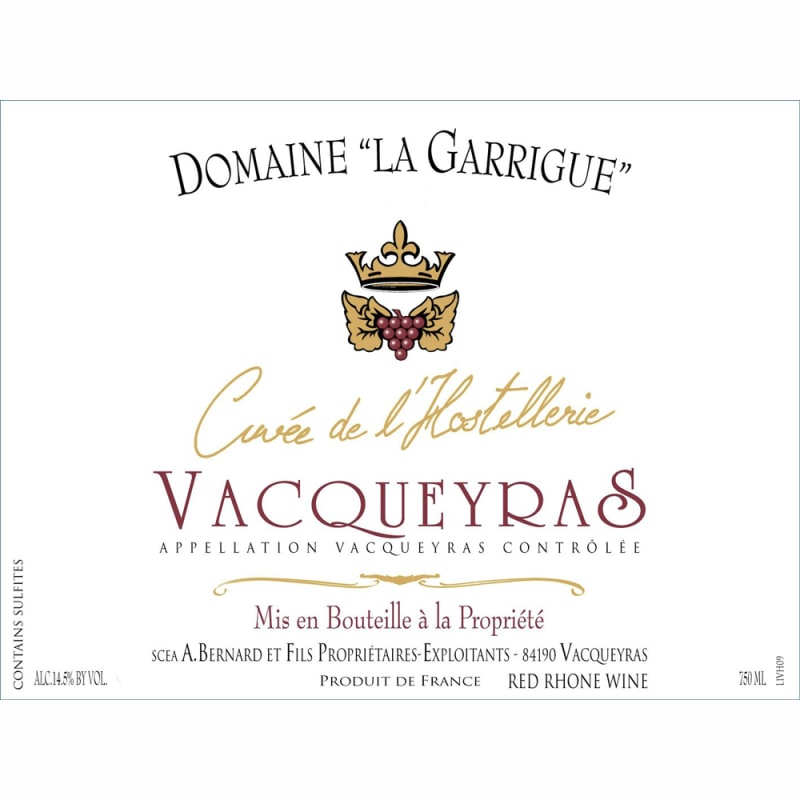 Domaine La Garrigue Cuvee de l’Hostellerie Vacqueyras 2009 Front Label