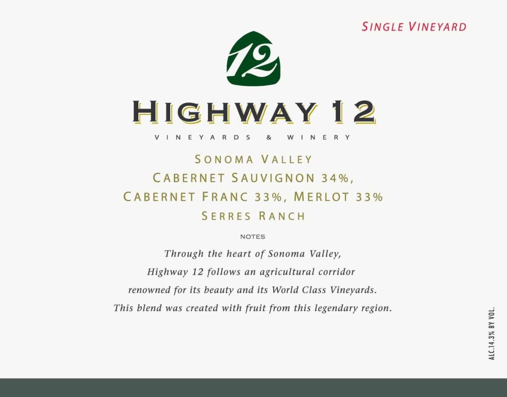 Highway 12 Serres Ranch Bordeaux Blend 2012 Front Label