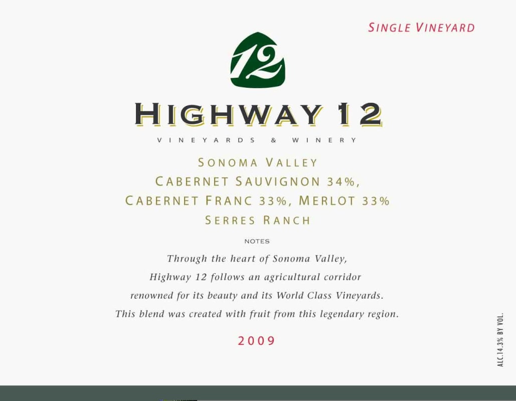 Highway 12 Serres Ranch Bordeaux Blend 2009 Front Label