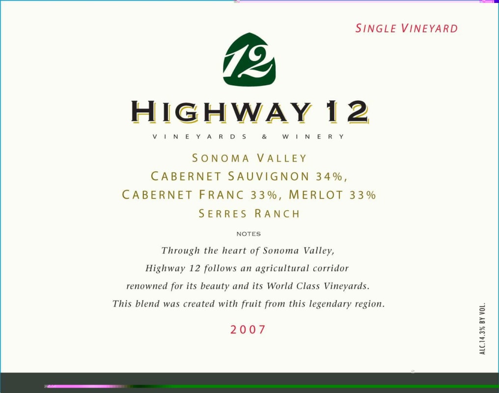 Highway 12 Serres Ranch Bordeaux Blend 2007 Front Label