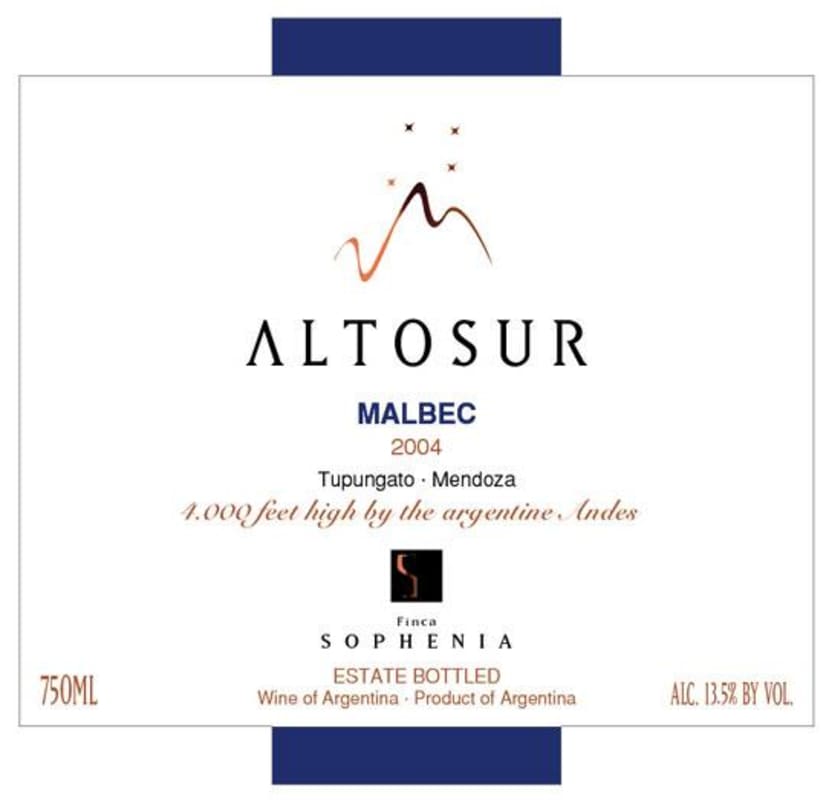 Finca Sophenia Altosur Malbec 2004 Front Label