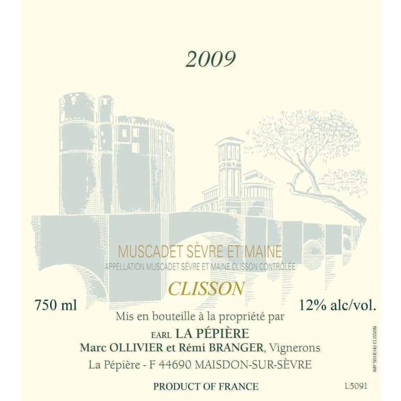 Domaine de la Pepiere Muscadet Sevre et Maine Clisson 2009 Front Label