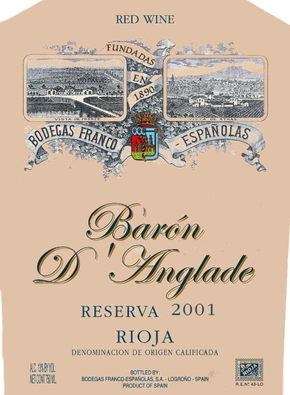 Bodegas Franco-Espanolas Baron d'Anglade Reserva 2001 Front Label
