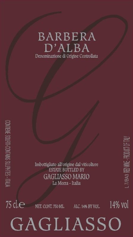 Gagliasso Barbera d'Alba 2015 Front Label