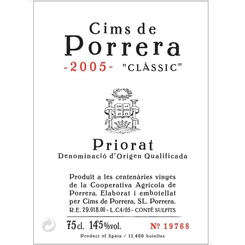 Cims de Porrera Classic Priorat 2005 Front Label