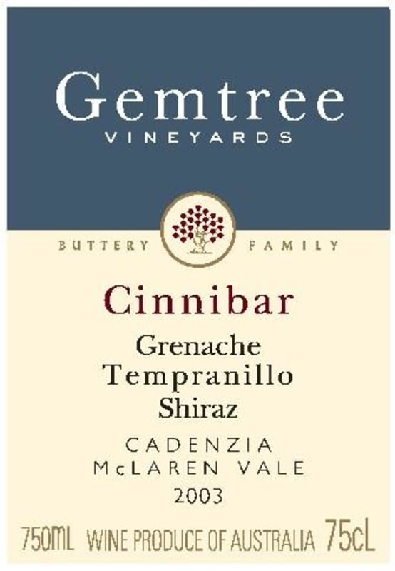Gemtree Vineyards Cinnibar Grenache Shiraz Tempranillo 2003 Front Label