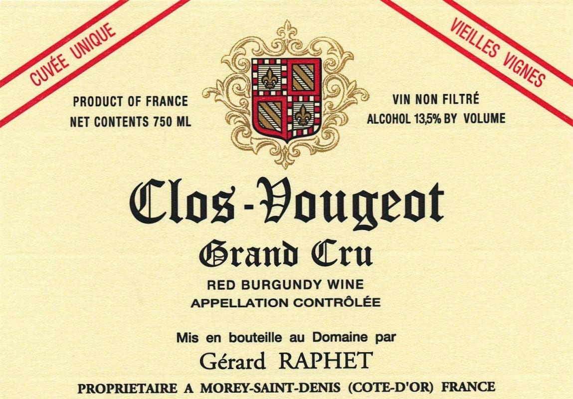 Domaine Gerard Raphet Clos-Vougeot Cuvee Unique Grand Cru 2008 Front Label