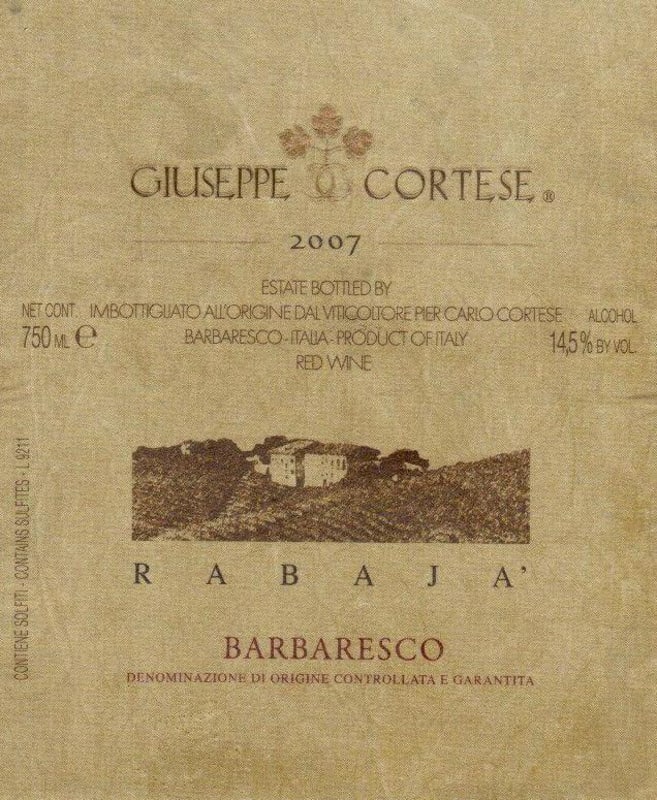 Giuseppe Cortese Rabaja Barbaresco 2007 Front Label