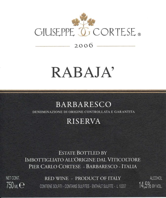 Giuseppe Cortese Rabaja Barbaresco Riserva 2006 Front Label