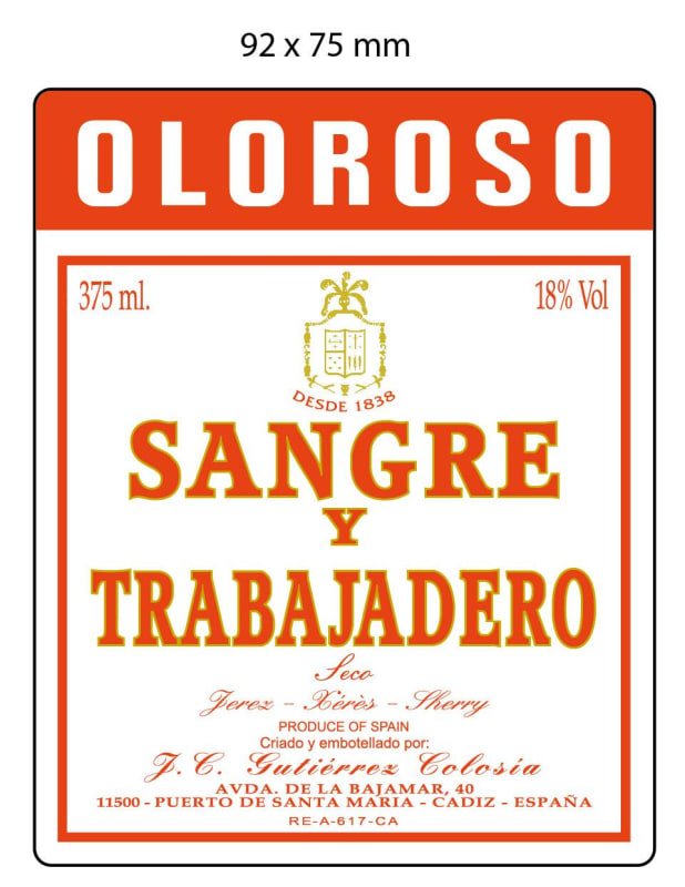 Gutierrez Colosia Sangre y Trabajadero Oloroso Sherry Front Label