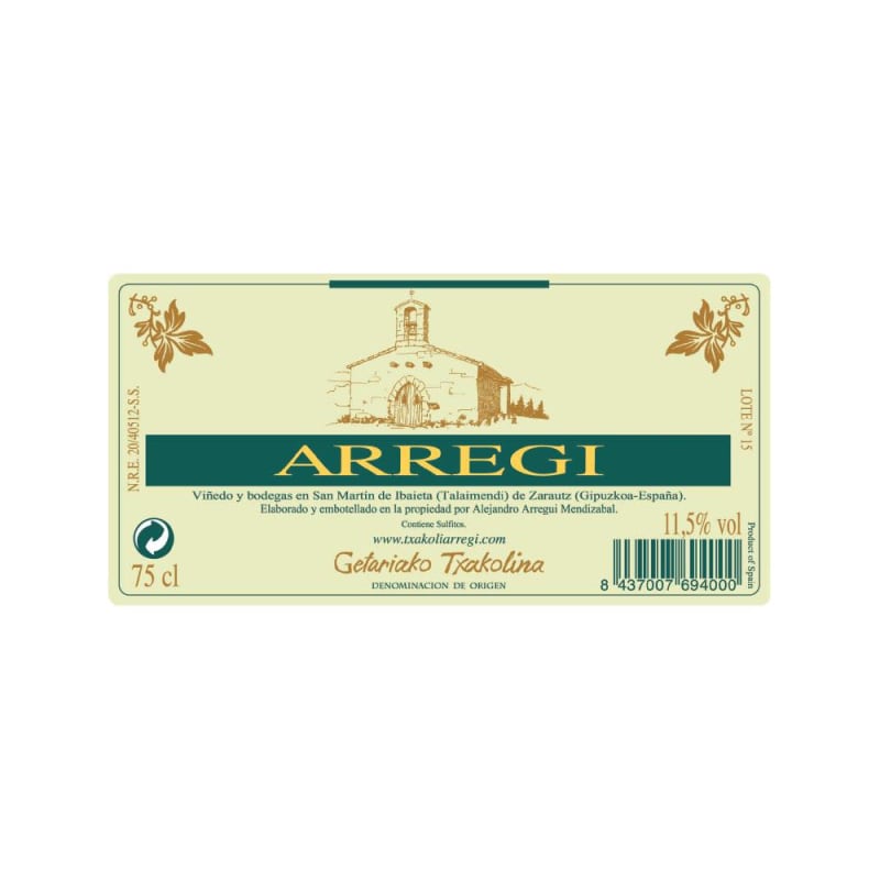 Arregi Getariako Txakolina 2012 Front Label