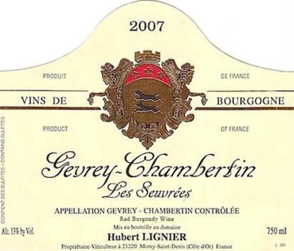 Hubert Lignier Gevrey-Chambertin Les Seuvrees 2007 Front Label