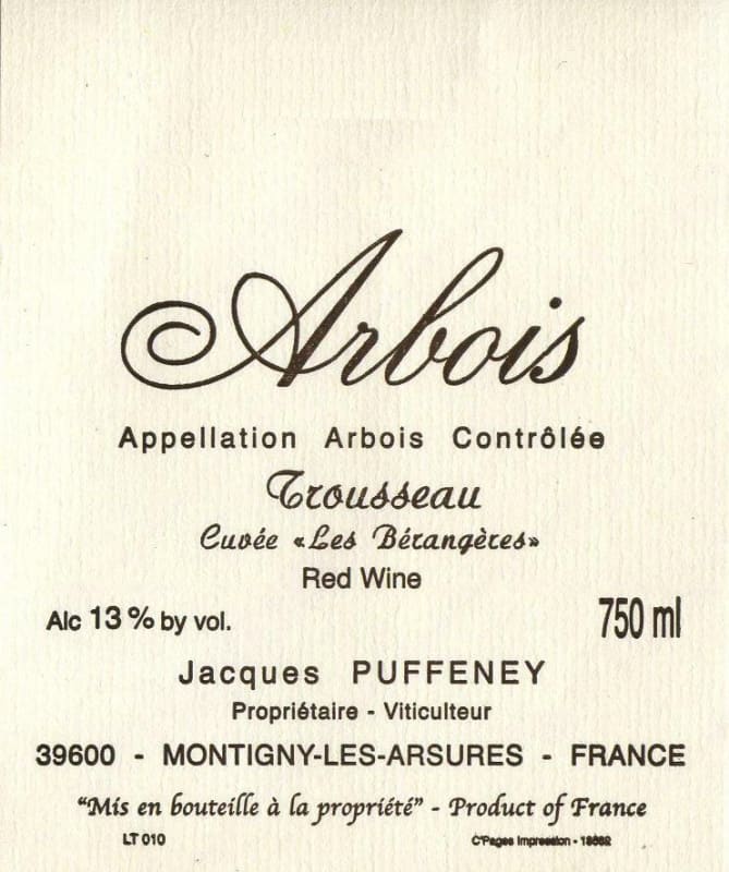 Jacques Puffeney Arbios Trousseau 2013 Front Label