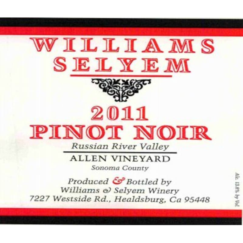Williams Selyem Allen Vineyard Pinot Noir 2011 Front Label