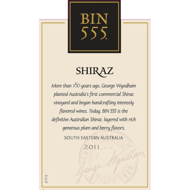 Wyndham Bin 555 Shiraz 2011 Front Label