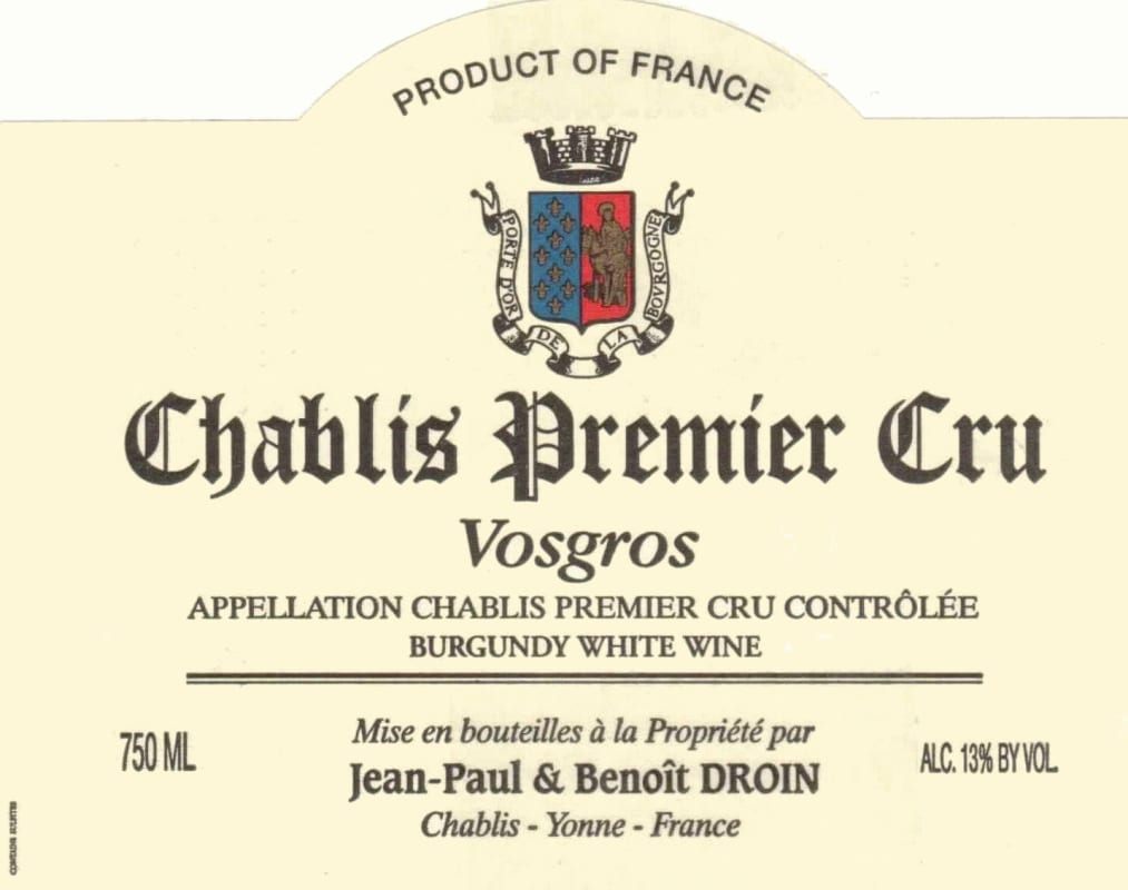 Jean Paul & Benoit Droin Chablis Vosgros Premier Cru 2014 Front Label